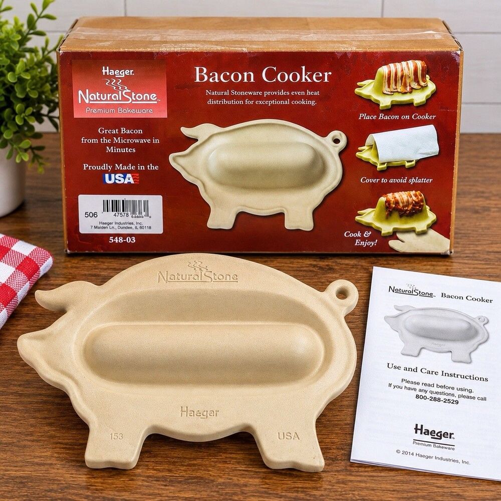Haeger NaturalStone Pig Bacon Cooker Stoneware Microwave USA Original Box Manual
